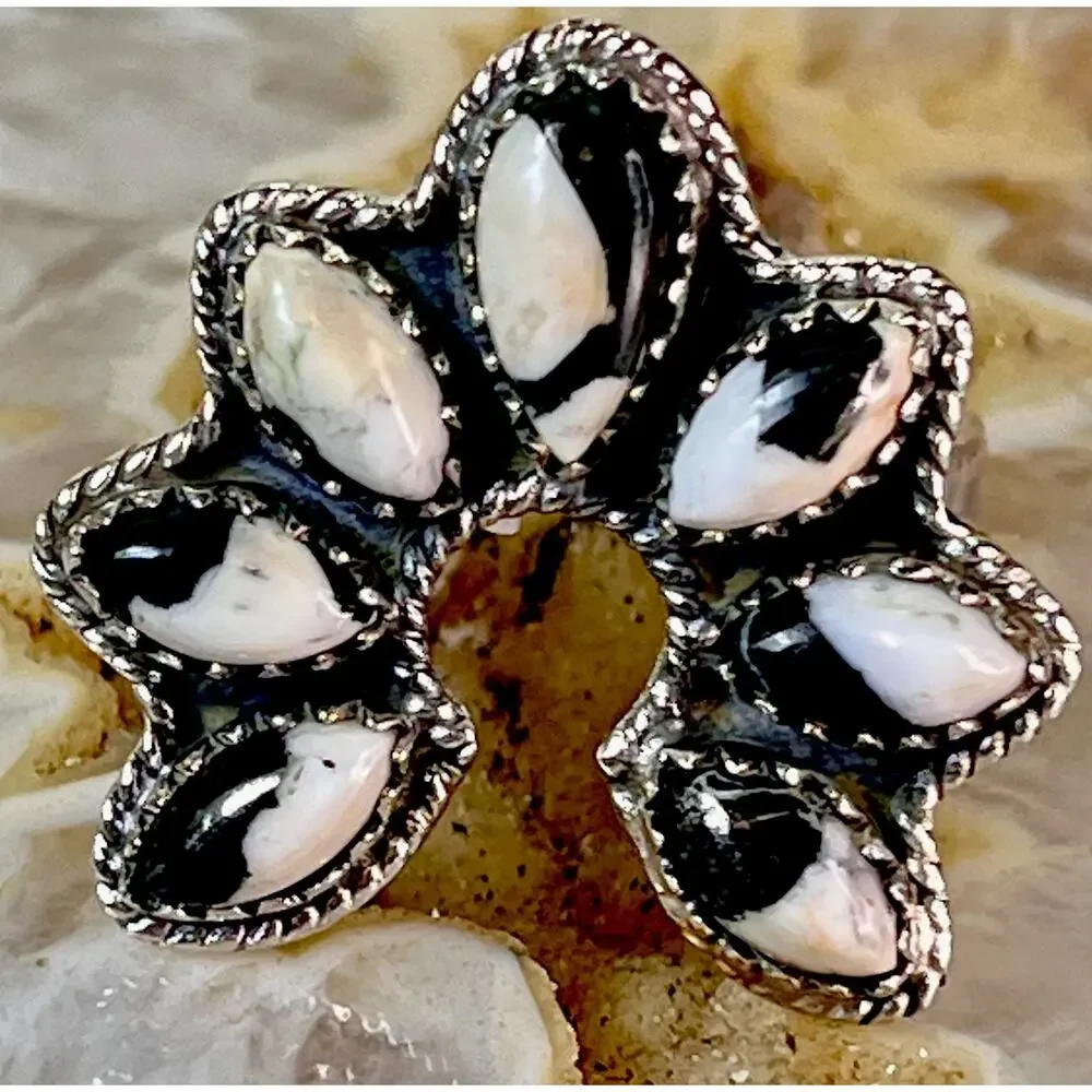 White Buffalo Turquoise Sterling Silver Naja Cluster Statement Ring Adjust Size